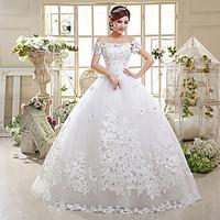 Ball Gown Wedding Dress - Classic Timeless Lacy Look Floor-length Off-the-shoulder Satin Tulle with Appliques Sequin Beading