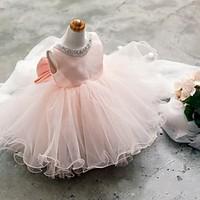 Ball Gown Short / Mini Flower Girl Dress - Tulle Sleeveless Jewel with Beading / Bow(s)