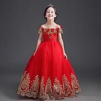 Ball Gown Floor-length Flower Girl Dress - Stretch Satin Off-the-shoulder with Embroidery Flower(s)