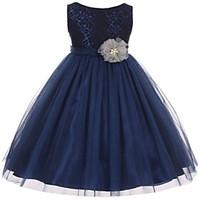 Ball Gown Tea-length Flower Girl Dress - Lace Tulle Jewel with Appliques Bow(s) Lace Sash / Ribbon