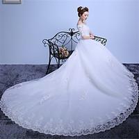 Ball Gown Wedding Dress Lacy Look Cathedral Train Off-the-shoulder Lace Satin Tulle with Lace