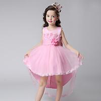 Ball Gown Asymmetrical Flower Girl Dress - Satin Tulle Jewel with Appliques Bow(s) Flower(s) Pearl Detailing Sash / Ribbon