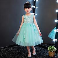 Ball Gown Knee-length Flower Girl Dress - Cotton Lace Organza Jewel with Beading Appliques Lace