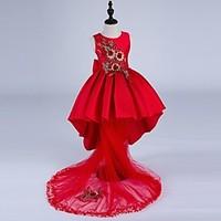 Ball Gown Asymmetrical Flower Girl Dress - Satin Jewel with Embroidery