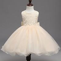 Ball Gown Knee-length Flower Girl Dress - Organza Jewel with Bow(s)