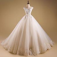 Ball Gown Wedding Dress Vintage Inspired Sweep / Brush Train Jewel Organza with Appliques Beading Ruffle