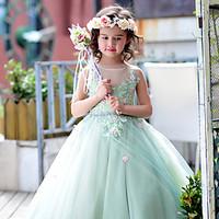 Ball Gown Floor-length Flower Girl Dress - Tulle / Charmeuse Sleeveless Jewel with Beading / Flower(s) / Lace