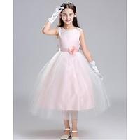 Ball Gown Tea-length Flower Girl Dress - Organza Jewel with Flower(s) Lace Ruched