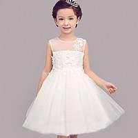 Ball Gown Knee-length Flower Girl Dress - Chiffon Lace Organza Satin Tulle Jewel with Bow(s) Draping Embroidery Lace