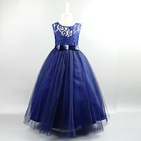 Ball Gown Ankle-length Flower Girl Dress - Lace Organza Satin Tulle Jewel with Draping Lace Sash / Ribbon