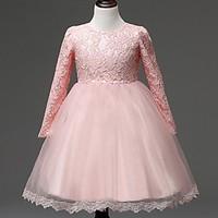 Ball Gown Knee-length Flower Girl Dress - Organza Long Sleeve Jewel with Lace