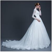 ball gown wedding dress beautiful back court train scoop tulle with ap ...