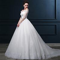 Ball Gown Wedding Dress Lacy Look Chapel Train Off-the-shoulder Lace Satin Tulle with Crystal Lace