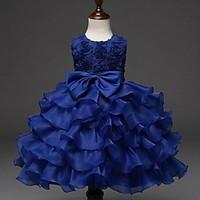 Ball Gown Knee-length Flower Girl Dress - Organza Jewel with Bow(s) Ruffles Cascading Ruffles