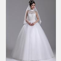 Ball Gown Wedding Dress Sparkle Shine Floor-length High Neck Tulle with Beading