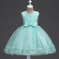 Ball Gown Short / Mini Flower Girl Dress - Satin Tulle Jewel with Appliques Bow(s) Sash / Ribbon