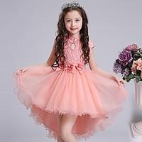 Ball Gown Asymmetrical Flower Girl Dress - Cotton Lace Tulle High Neck with Bow(s) Flower(s) Pearl Detailing Sash / Ribbon