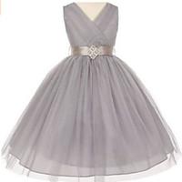 Ball Gown Tea-length Flower Girl Dress - Tulle V-neck with Crystal Detailing