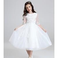 Ball Gown Tea-length Flower Girl Dress - Organza Jewel with Embroidery Lace Ruffles Ruched