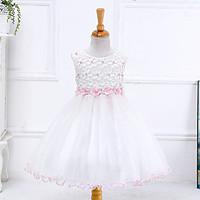 Ball Gown Knee-length Flower Girl Dress - Cotton Lace Organza Satin Tulle Jewel with Beading Appliques Bow(s) Pearl Detailing