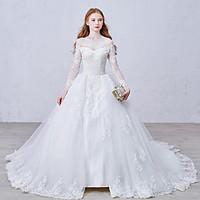 Ball Gown Wedding Dress Floral Lace Chapel Train Bateau Lace Tulle with Appliques Button Lace