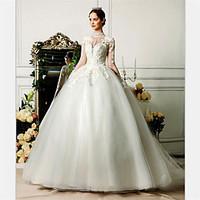 Ball Gown Wedding Dress See-Through Court Train High Neck Tulle with Beading Lace