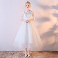 Ball Gown Wedding Dress Tea-length Scoop Lace Satin Chiffon with Embroidered Lace