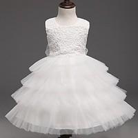 Ball Gown Knee-length Flower Girl Dress - Organza Jewel with Bow(s) Lace