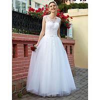 Ball Gown Wedding Dress See-Through Floor-length Scoop Tulle with Appliques Beading Button