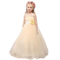 Ball Gown Floor-length Flower Girl Dress - Satin / Tulle Spaghetti Straps withBow(s) / Flower(s) / Lace / Sash