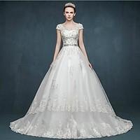 ball gown wedding dress lacy look court train v neck tulle with appliq ...