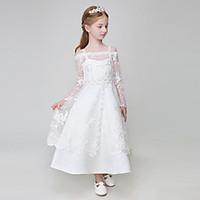 Ball Gown Ankle-length Flower Girl Dress - Tulle / Polyester Long Sleeve Spaghetti Straps with Appliques