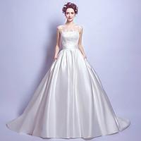 Ball Gown Wedding Dress Vintage Inspired Court Train Jewel Satin with Lace Pocket