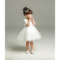 Ball Gown Short / Mini Flower Girl Dress - Organza Jewel with Bow(s) Lace Pearl Detailing Sash / Ribbon