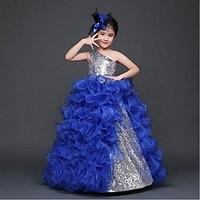 Ball Gown Floor-length Flower Girl Dress - Organza One Shoulder with Flower(s) Sequins Pleats