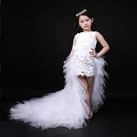 Ball Gown Asymmetrical Flower Girl Dress - Organza Jewel with Beading Appliques Crystal Detailing Cascading Ruffles