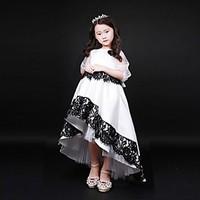 Ball Gown Asymmetrical Flower Girl Dress - Organza Jewel with Buttons Lace Ruching