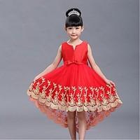 Ball Gown Asymmetrical Flower Girl Dress - Organza Jewel with Bow(s) Embroidery Pleats