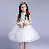 Ball Gown Short / Mini Flower Girl Dress - Organza High Neck with Bow(s) Buttons Lace