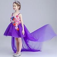 Ball Gown Asymmetrical Flower Girl Dress - Organza Spaghetti Straps with Appliques Flower(s) Ruching