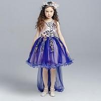 Ball Gown Asymmetrical Flower Girl Dress - Organza Jewel with Appliques Bow(s) Lace Sash / Ribbon