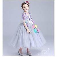 Ball Gown Tea-length Flower Girl Dress - Organza Jewel with Appliques Flower(s) Ruching