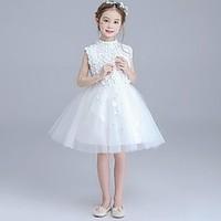 Ball Gown Knee-length Flower Girl Dress - Organza Jewel with Appliques Pearl Detailing Ruching