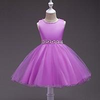 Ball Gown Short / Mini Flower Girl Dress - Satin Tulle Jewel with Bow(s) Crystal Detailing Pearl Detailing Sash / Ribbon