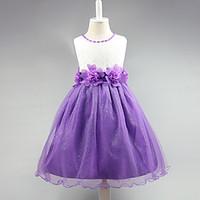 Ball Gown Knee-length Flower Girl Dress - Lace Satin Tulle Jewel with Bow(s) Flower(s) Pearl Detailing Sash / Ribbon