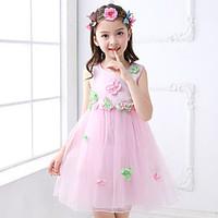 Ball Gown Short / Mini Flower Girl Dress - Cotton Satin Tulle Jewel with Bow(s) Flower(s) Pearl Detailing Sash / Ribbon