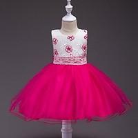 Ball Gown Knee-length Flower Girl Dress - Satin Tulle Jewel with Bow(s) Embroidery Sash / Ribbon