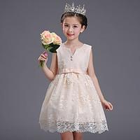 Ball Gown Short / Mini Flower Girl Dress - Cotton Lace Satin V-neck with Bow(s) Buttons