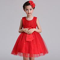 Ball Gown Short / Mini Flower Girl Dress - Cotton Lace Satin Tulle Jewel with Bow(s) Lace Sash / Ribbon Sequins