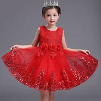 Ball Gown Short / Mini Flower Girl Dress - Cotton Lace Satin Tulle Jewel with Bow(s) Flower(s) Lace Sequins